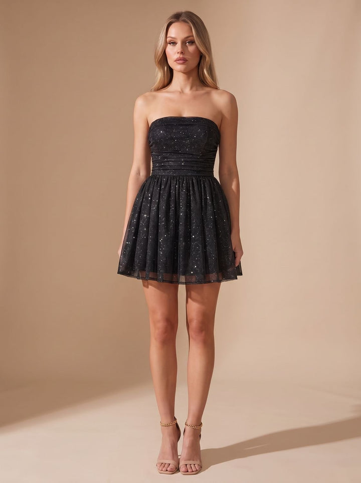 Women's Glitter Pleated Bustier Christmas Party Mini Dress