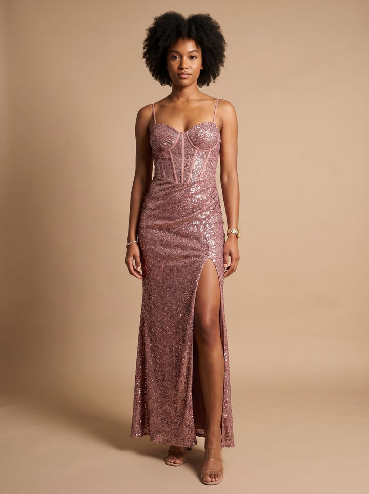 Women's Glitter Sequin Maxi Dress Sweetheart High-Slit Spaghetti Strap - Pink
