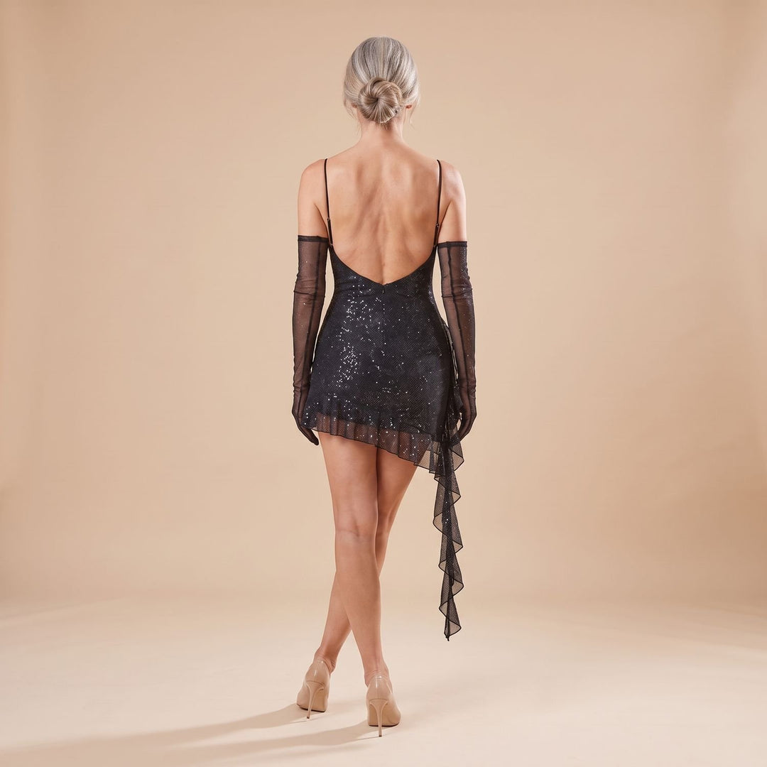Women's Glitter Sequin Mini Dress Ruffle Hem Detachable Sleeves