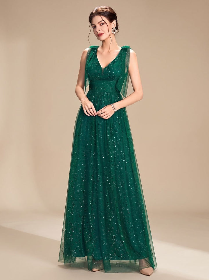 Women's Glitter Sequin V-Neck Sleeveless Floor-Length Formal Dress