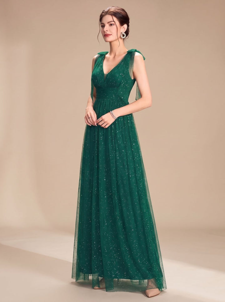Women's Glitter Sequin V-Neck Sleeveless Floor-Length Formal Dress - Green