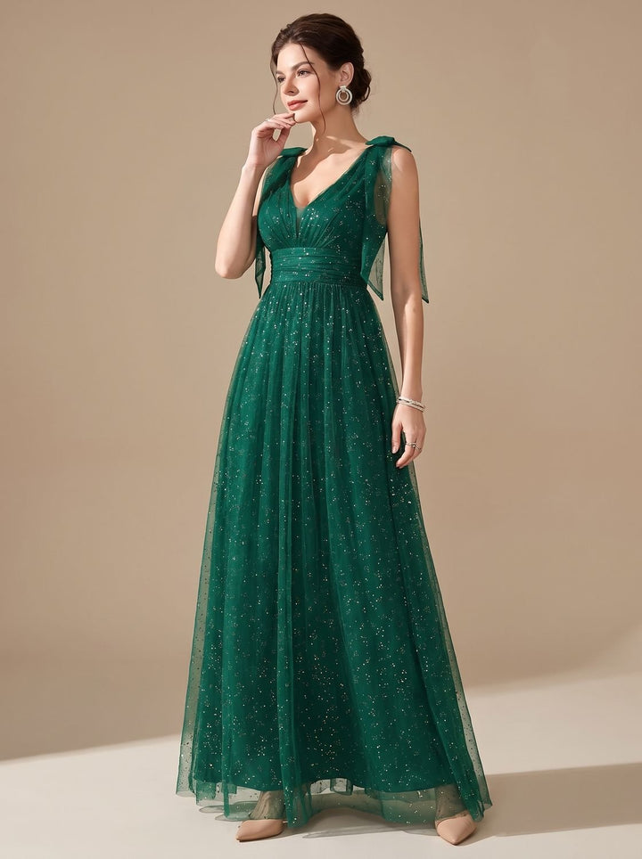 Women's Glitter Sequin V-Neck Sleeveless Floor-Length Formal Dress