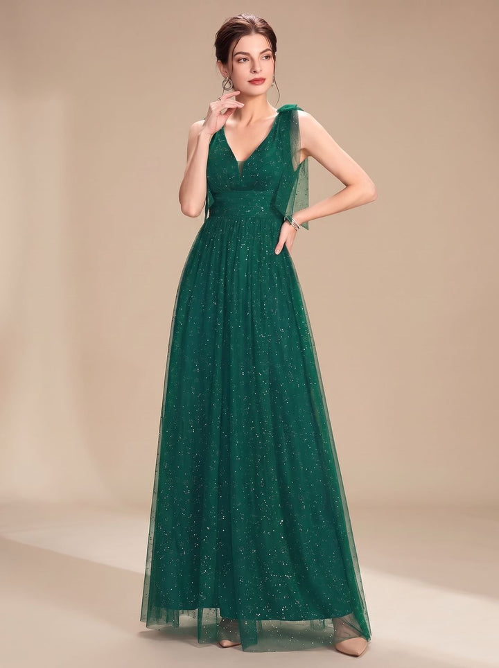 Women's Glitter Sequin V-Neck Sleeveless Floor-Length Formal Dress