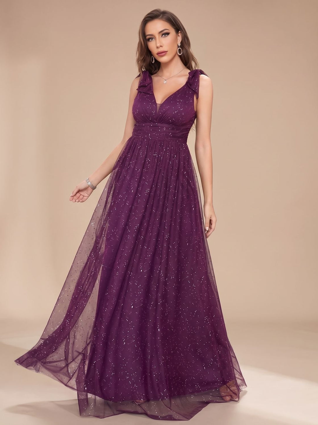 Women's Glitter Sequin V-Neck Sleeveless Floor-Length Formal Dress - Purple