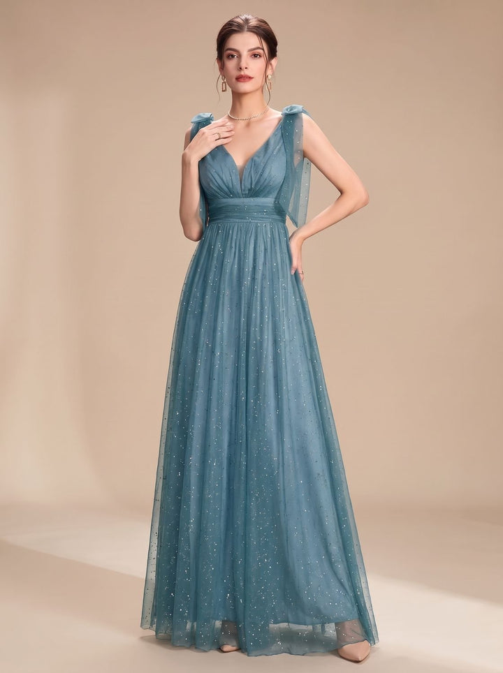 Women's Glitter Sequin V-Neck Sleeveless Floor-Length Formal Dress - Light Blue