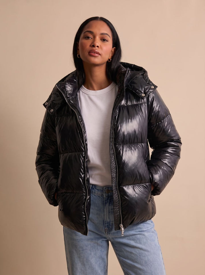 Women's Glossy Hooded Quilted Puffer Jacket - Black