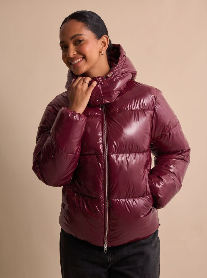 Women's Glossy Hooded Quilted Puffer Jacket - Red