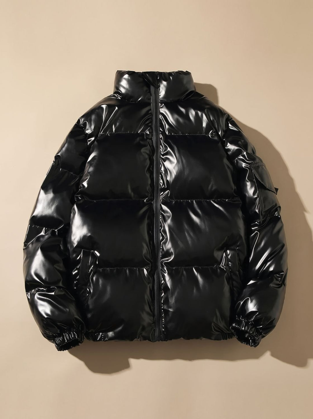 Women's Glossy Stand-Collar Quilted Puffer Jacket - Stand Collar Black