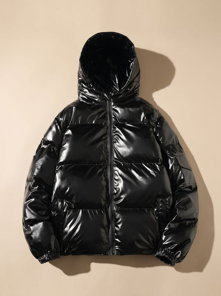 Women's Glossy Stand-Collar Quilted Puffer Jacket - Hood Black
