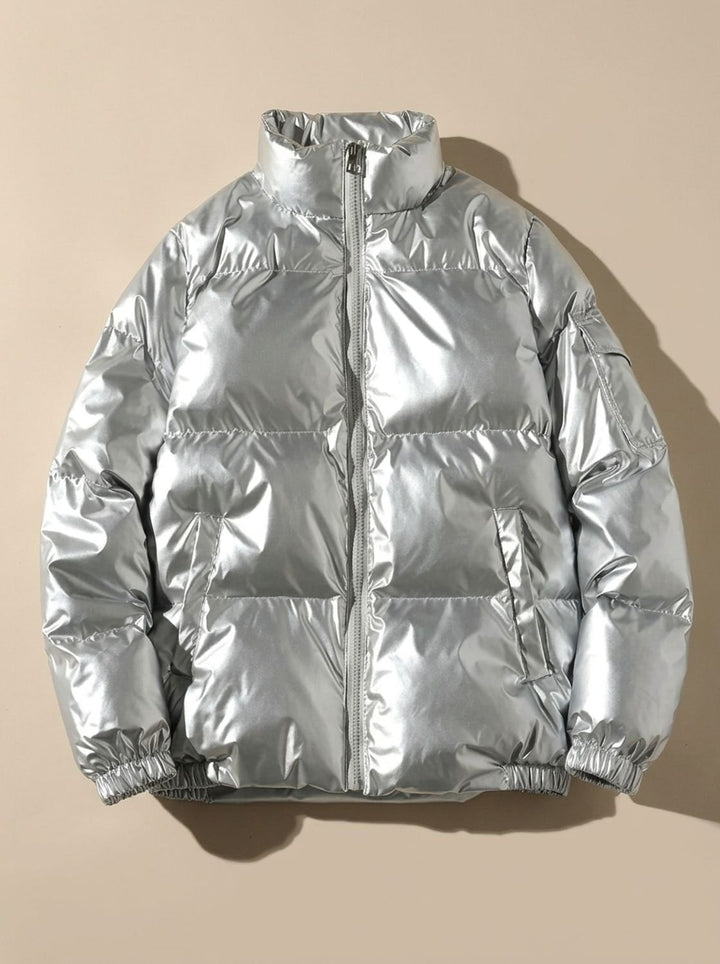 Women's Glossy Stand-Collar Quilted Puffer Jacket - Stand Collar Silver