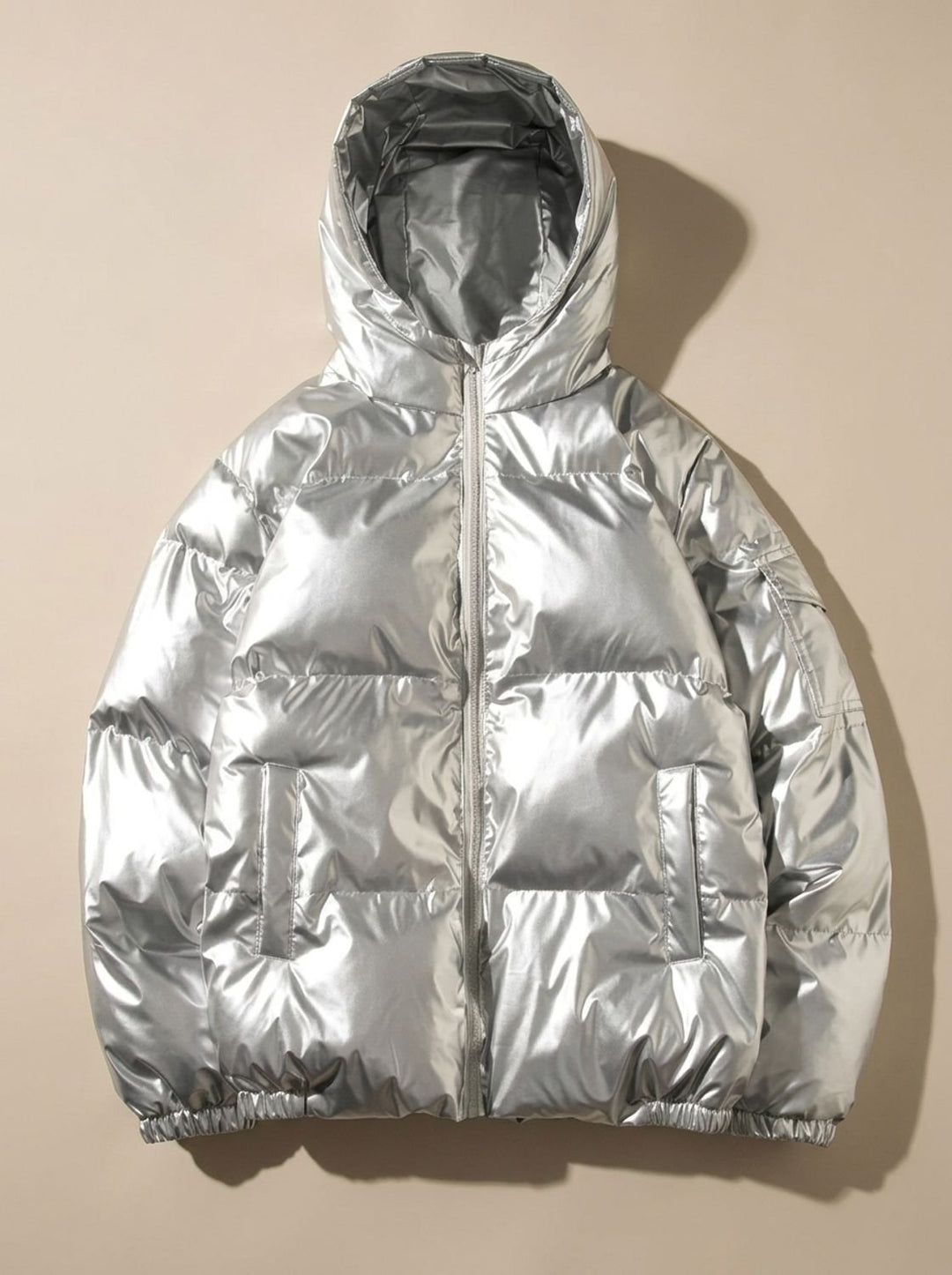Women's Glossy Stand-Collar Quilted Puffer Jacket - Hood Silver