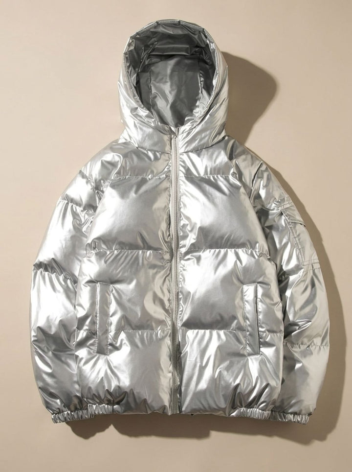 Women's Glossy Stand-Collar Quilted Puffer Jacket - Hood Silver