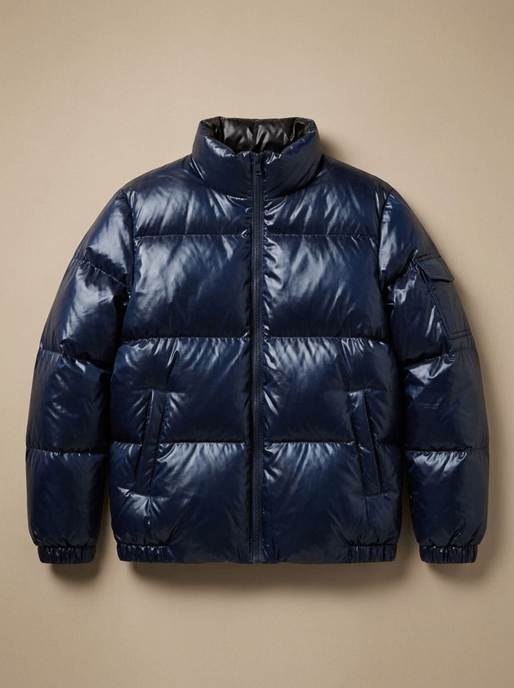 Women's Glossy Stand-Collar Quilted Puffer Jacket - Stand Collar Blue