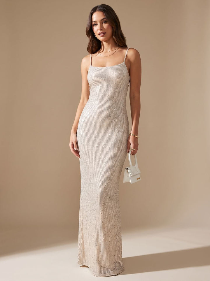 Women's Gold Glitter Spaghetti-Strap Bodycon Maxi Christmas Party Dress