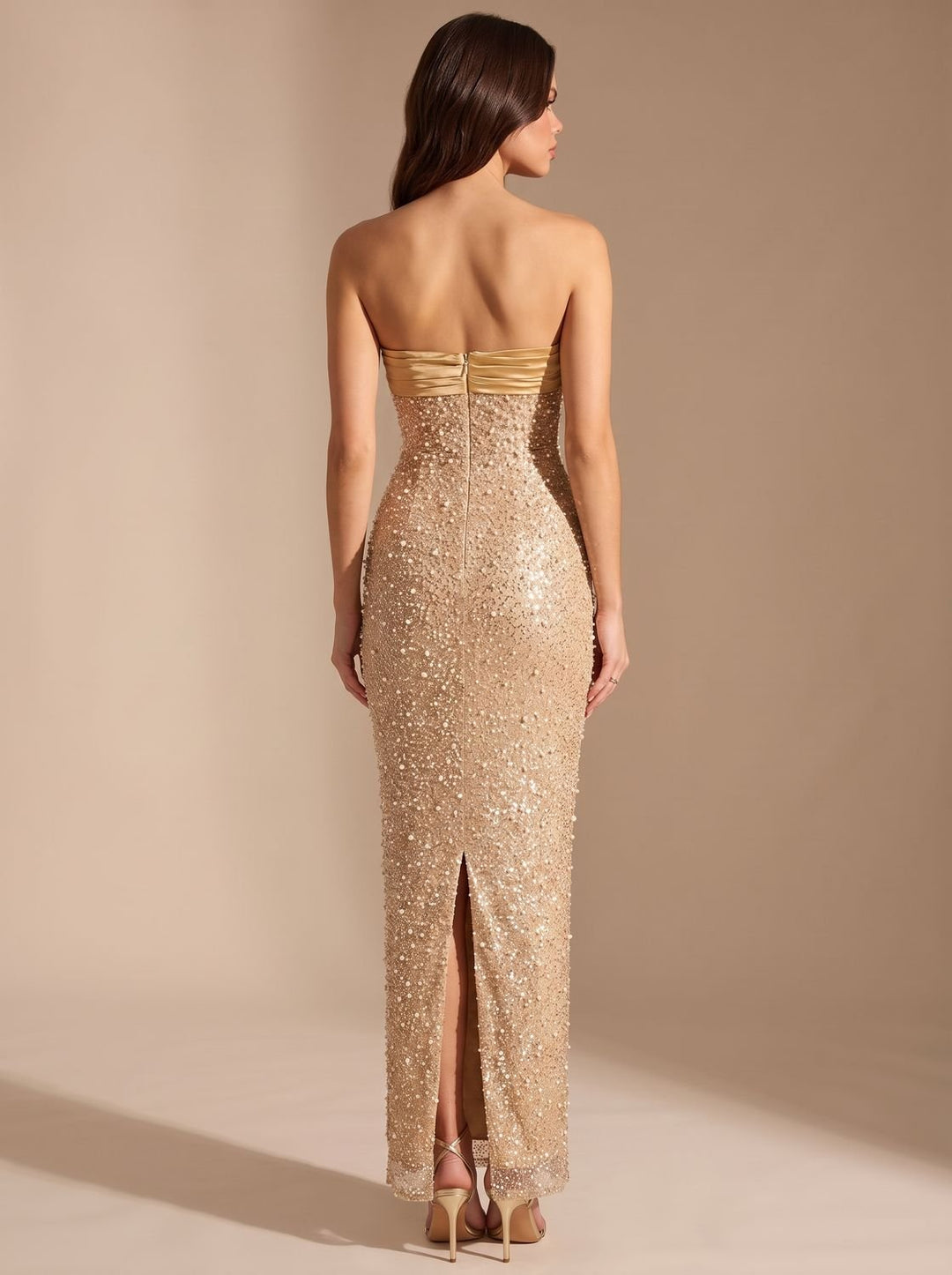 Women's Gold Sequin Strapless Fitted Maxi Dress