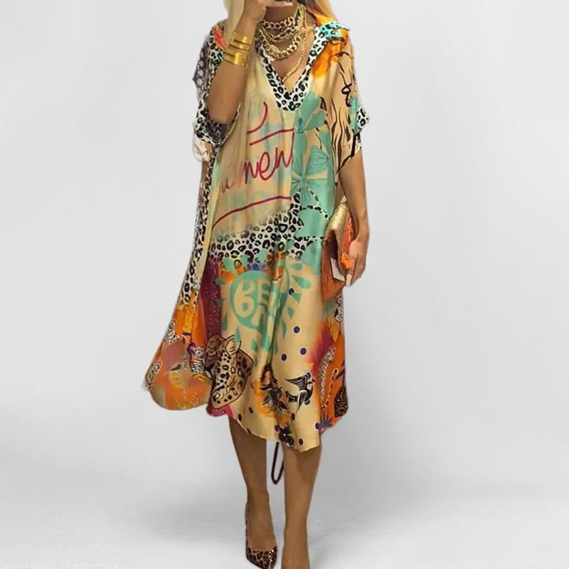 Women's Graphic Print V-Neck Swing Tunic Dress - Blau
