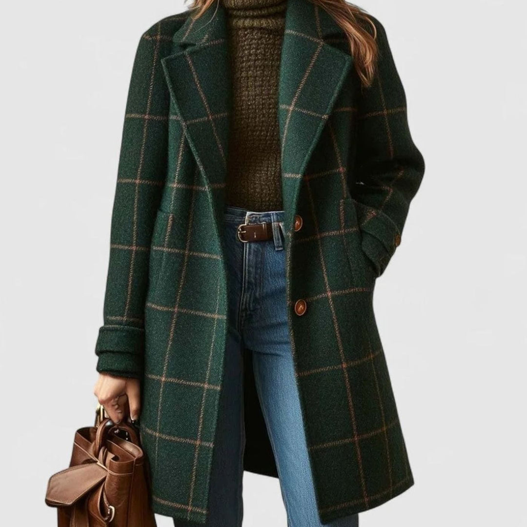 Women's Green Checkered Wool-Blend Button-Front Winter Coat - Dark Green