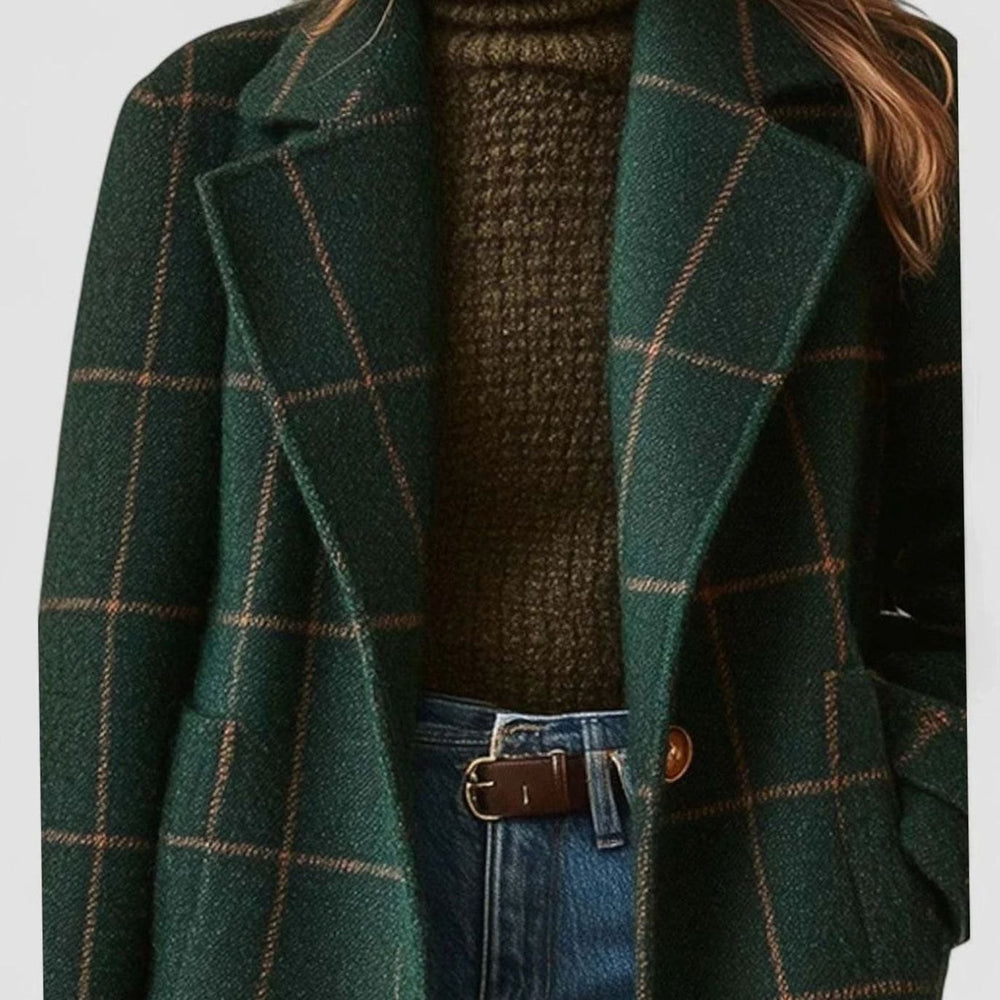 Women's Green Checkered Wool-Blend Button-Front Winter Coat
