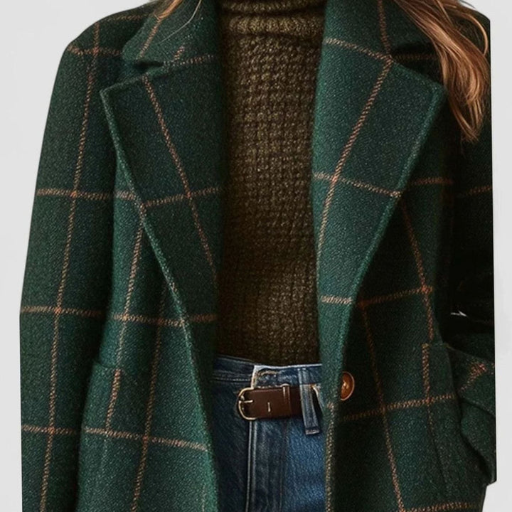 Women's Green Checkered Wool-Blend Button-Front Winter Coat