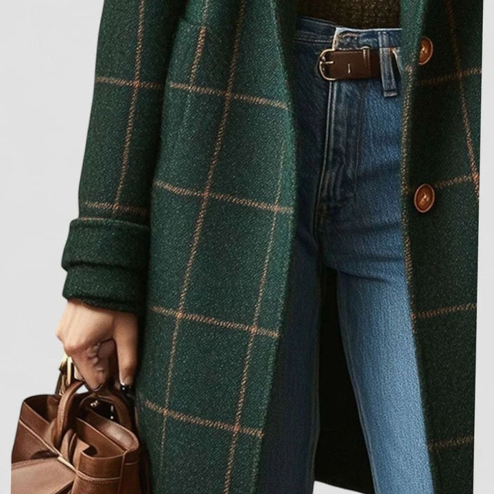 Women's Green Checkered Wool-Blend Button-Front Winter Coat