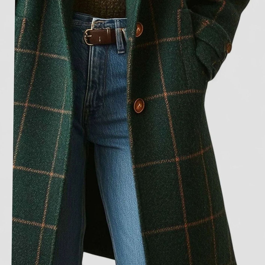 Women's Green Checkered Wool-Blend Button-Front Winter Coat