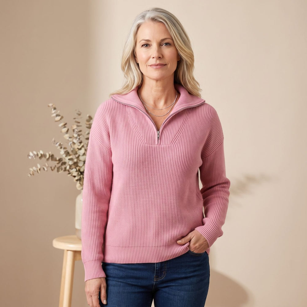 Women's Half-Zip Pullover Sweater Ribbed Quarter-Zip - Pink