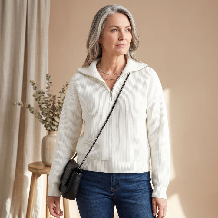 Women's Half-Zip Pullover Sweater Ribbed Quarter-Zip - White