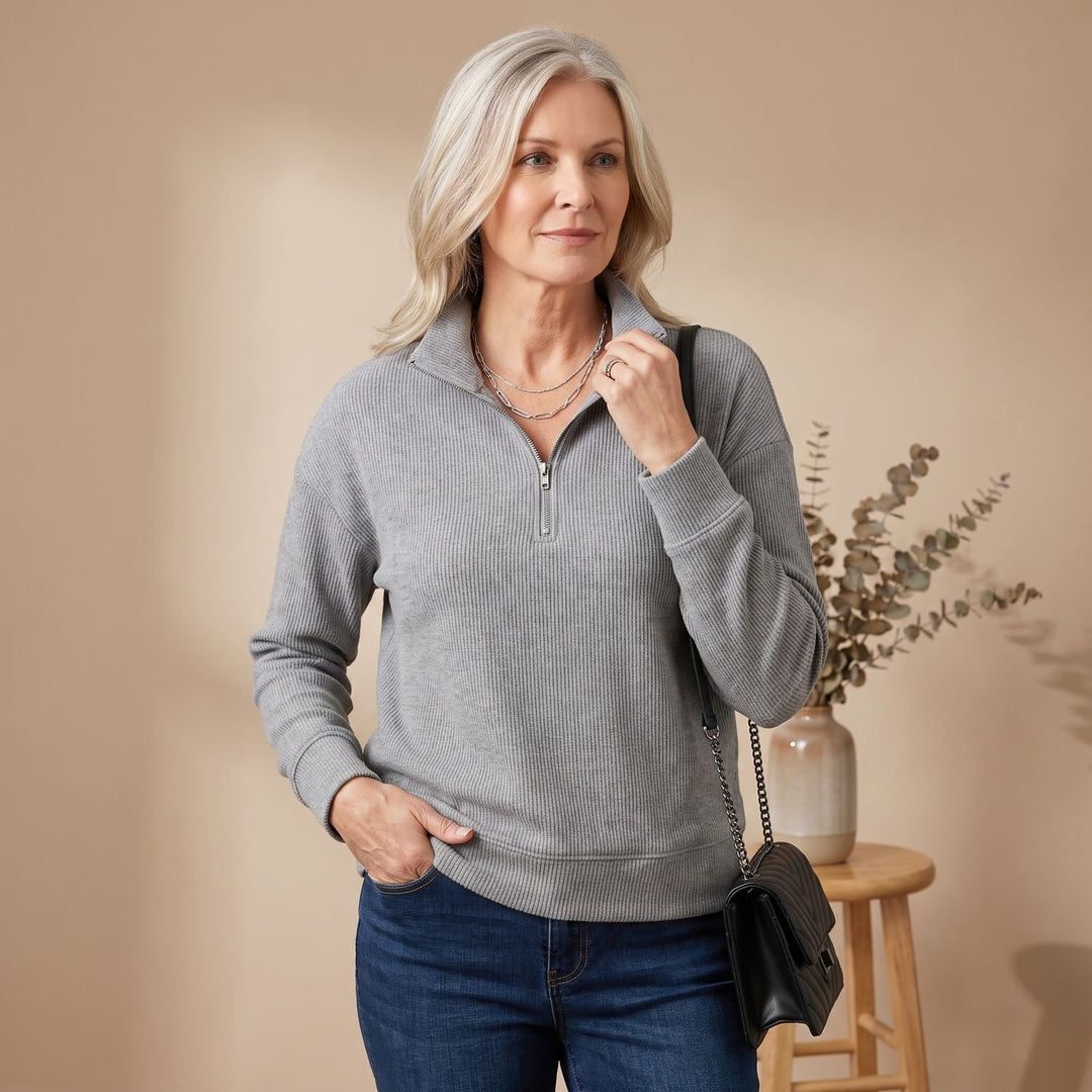 Women's Half-Zip Pullover Sweater Ribbed Quarter-Zip - Grey