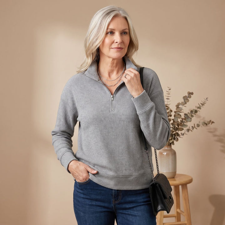 Women's Half-Zip Pullover Sweater Ribbed Quarter-Zip - Grey