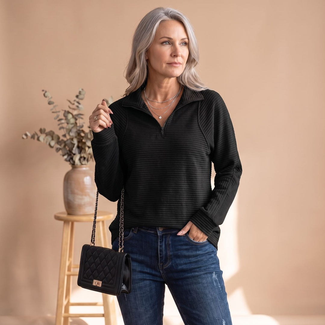 Women's Half-Zip Pullover Sweater Ribbed Quarter-Zip - Black
