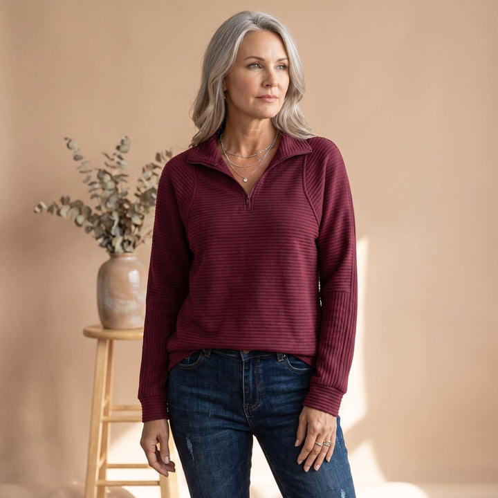 Women's Half-Zip Pullover Sweater Ribbed Quarter-Zip - Red