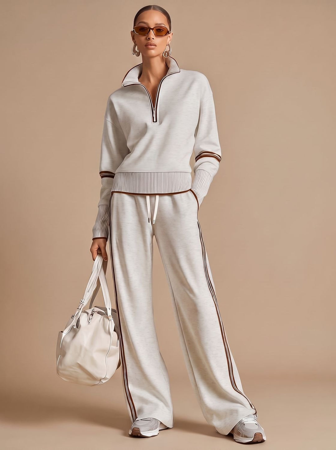 Women's Half-Zip Wide Leg Pants Set Two Piece Lounge Outfit - Gray White