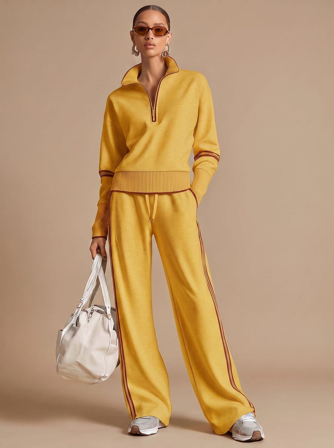 Women's Half-Zip Wide Leg Pants Set Two Piece Lounge Outfit - Yellow