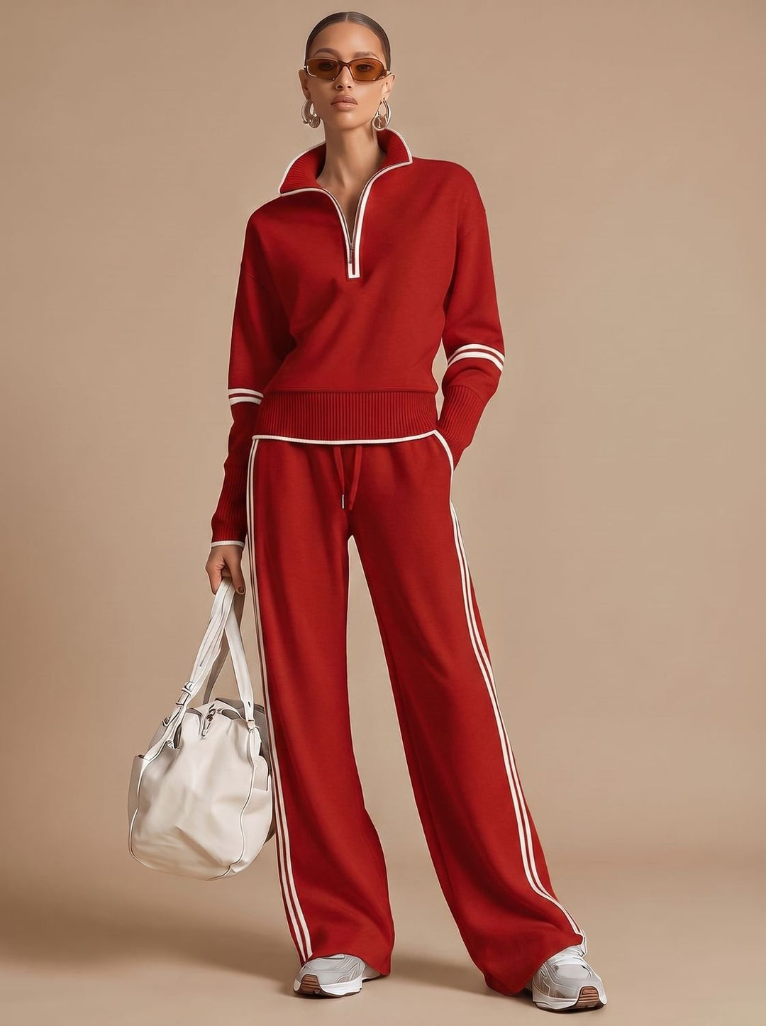 Women's Half-Zip Wide Leg Pants Set Two Piece Lounge Outfit - Red