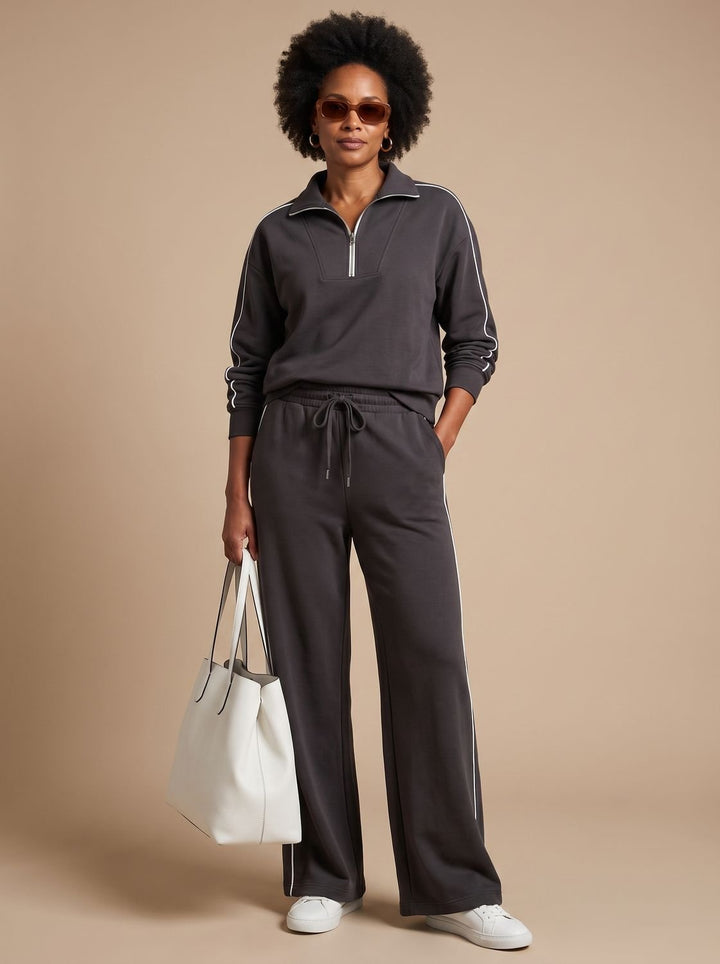 Women's Half-Zip Wide Leg Pants Set Two Piece Lounge Outfit - Dark Gray