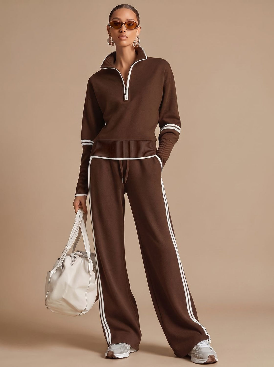 Women's Half-Zip Wide Leg Pants Set Two Piece Lounge Outfit - Brown