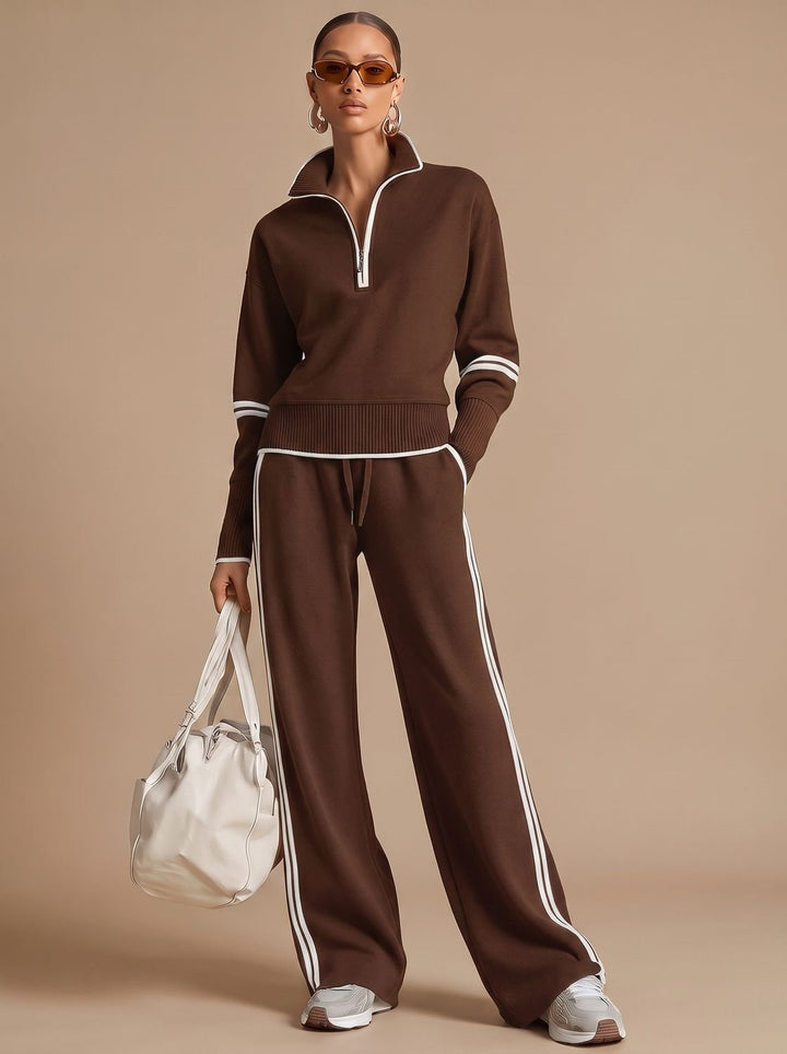 Women's Half-Zip Wide Leg Pants Set Two Piece Lounge Outfit - Brown