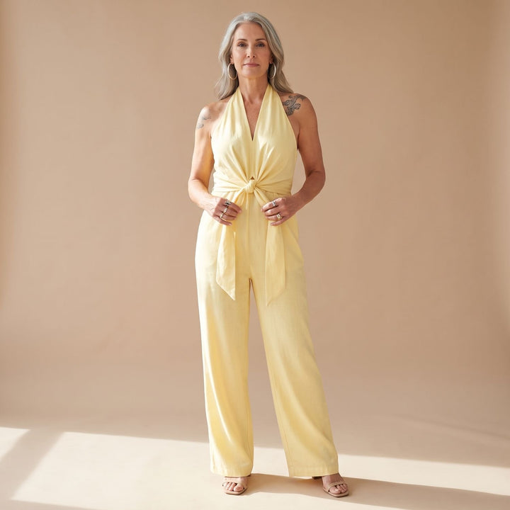 Women's Halter-Neck Wide-Leg Tie-Waist Jumpsuit - Yellow