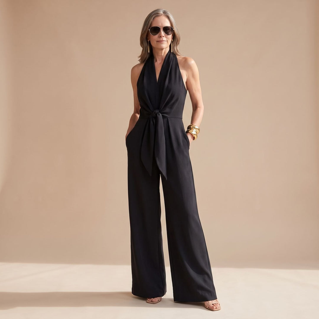 Women's Halter-Neck Wide-Leg Tie-Waist Jumpsuit - Black