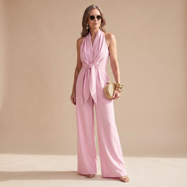 Women's Halter-Neck Wide-Leg Tie-Waist Jumpsuit - Pink