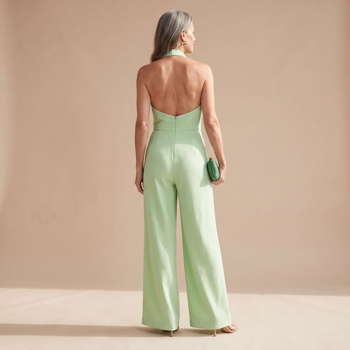Women's Halter-Neck Wide-Leg Tie-Waist Jumpsuit - Light Green