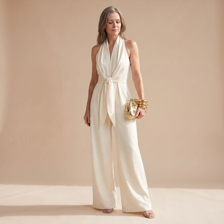 Women's Halter-Neck Wide-Leg Tie-Waist Jumpsuit - Beige