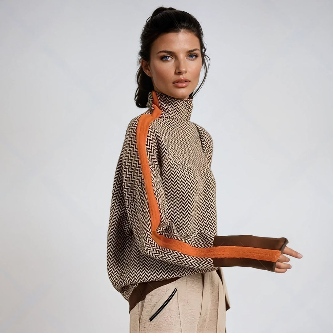 Women's Herringbone Contrast-Trim Oversized Turtleneck Sweater - Orange