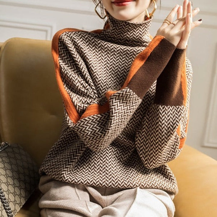 Women's Herringbone Contrast-Trim Oversized Turtleneck Sweater