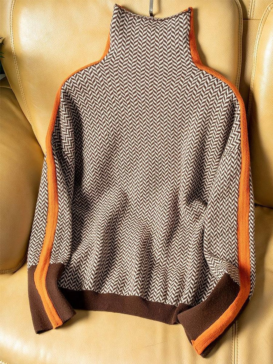 Women's Herringbone Contrast-Trim Oversized Turtleneck Sweater