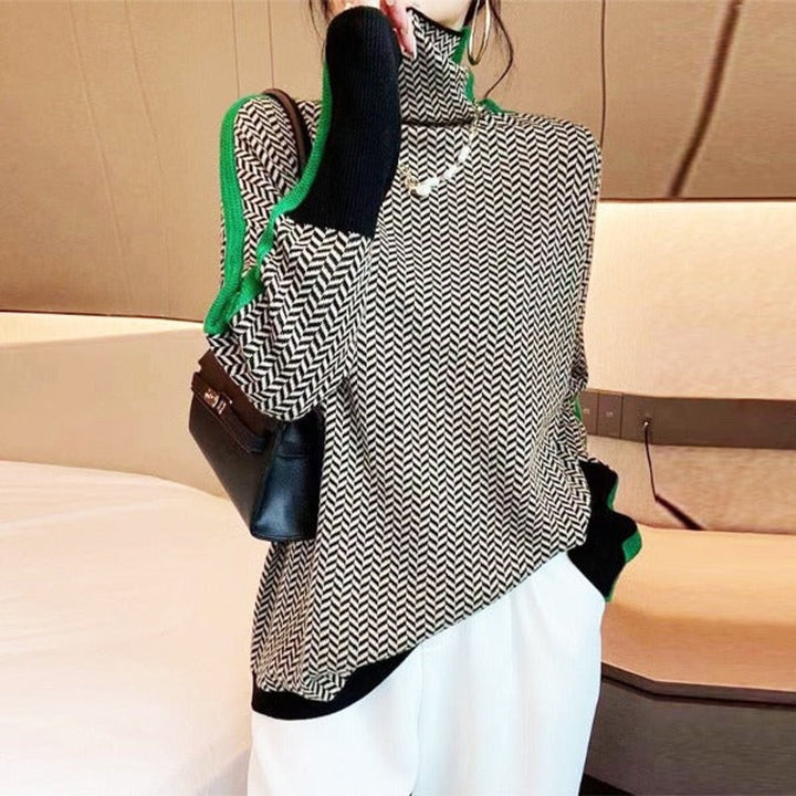 Women's Herringbone Contrast-Trim Oversized Turtleneck Sweater - Green