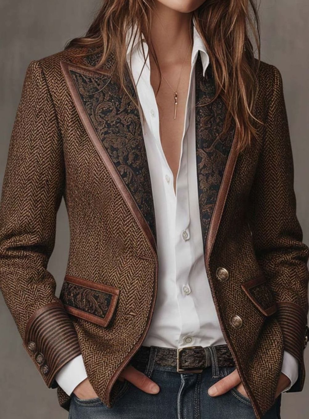 Women's Herringbone Printed Panel Structured Blazer - Brown