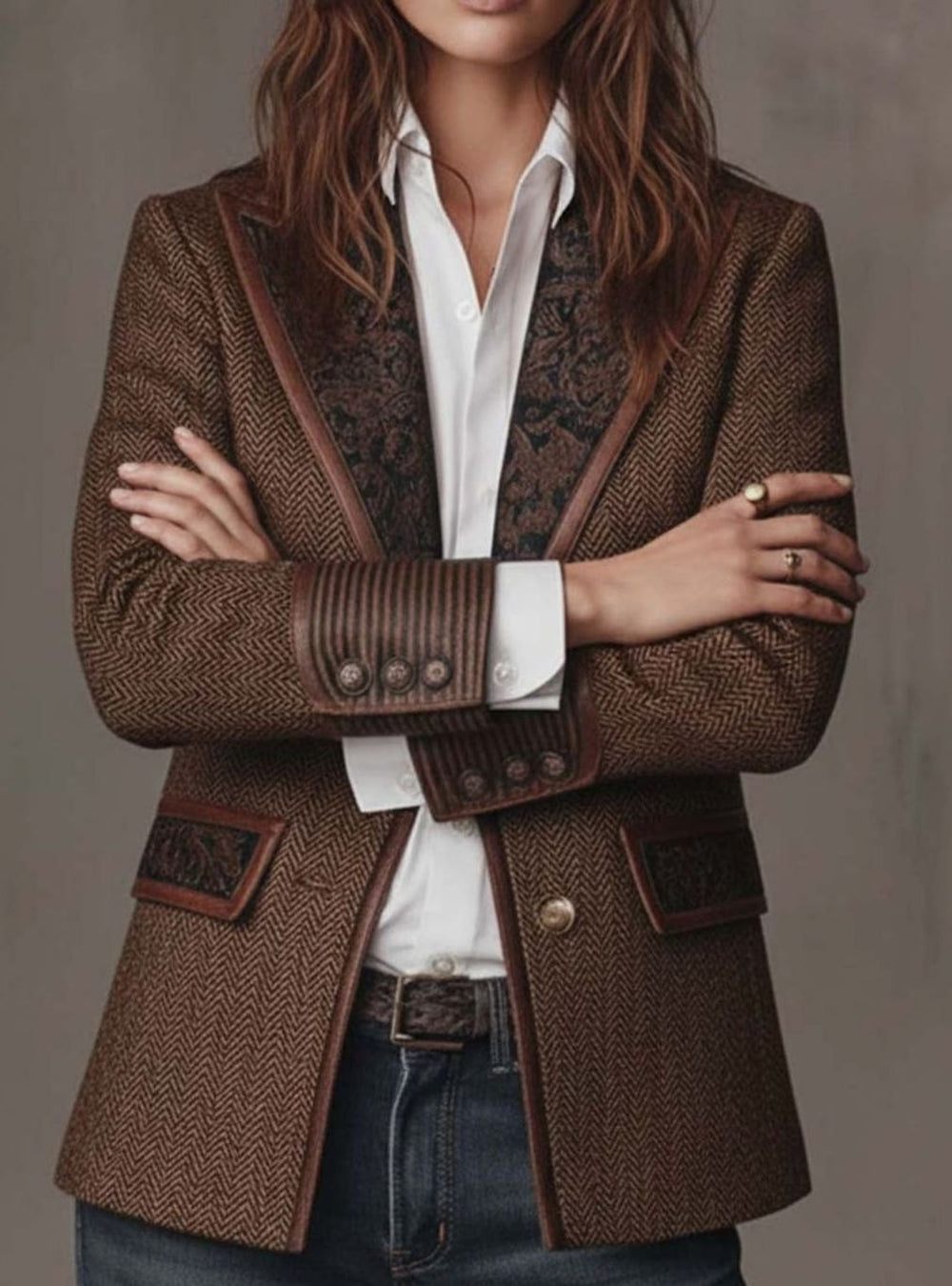 Women's Herringbone Printed Panel Structured Blazer