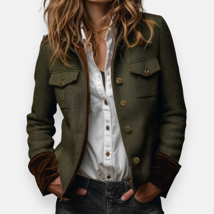 Women's Herringbone Tweed Military-Style Jacket Gold Button - Army Green