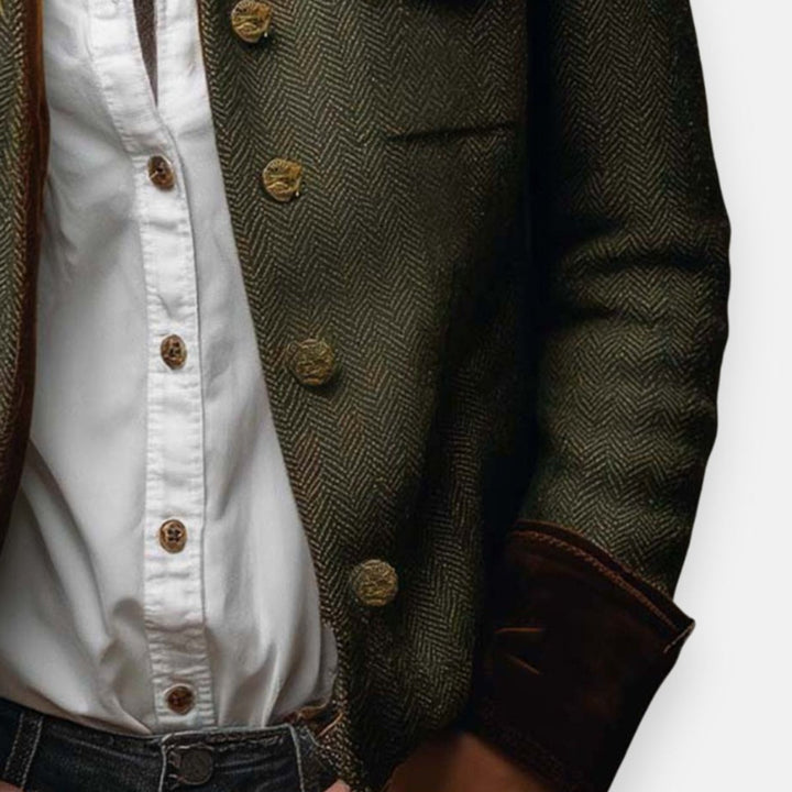 Women's Herringbone Tweed Military-Style Jacket Gold Button